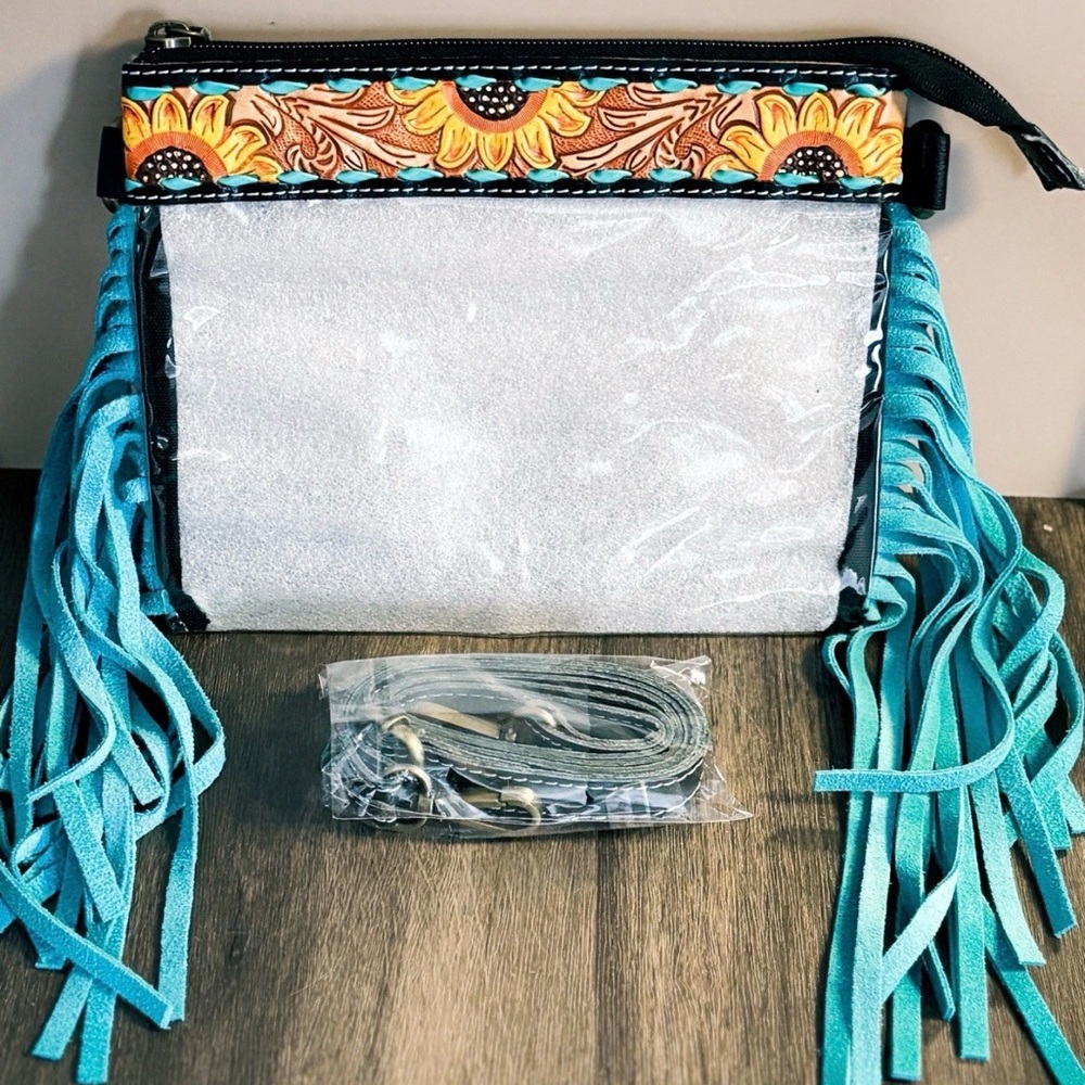 Vibrant Sunflower Women's Shoulder Bag with Blue Fringe Unworn display model